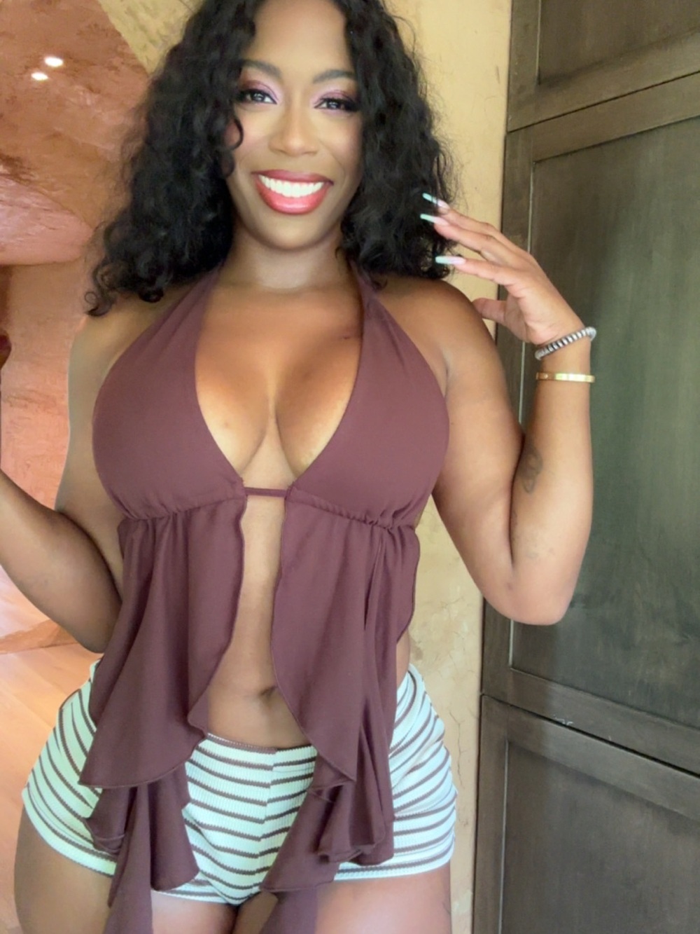 Deep Brown Halter Ruffle Front Halter + Matching Striped Short Set